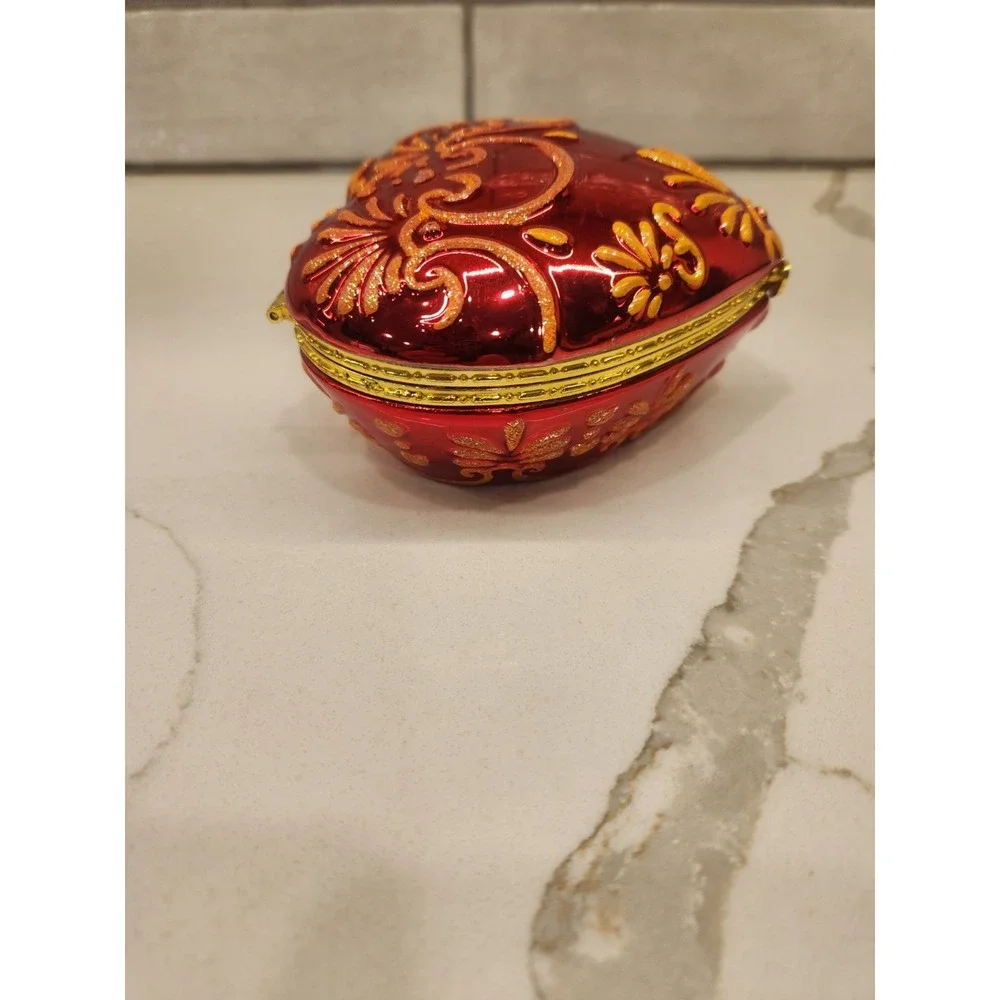 Vintage Christopher Radko Red Gold Glitter‎ Heart Hinged Trinket Box Jewelry Box